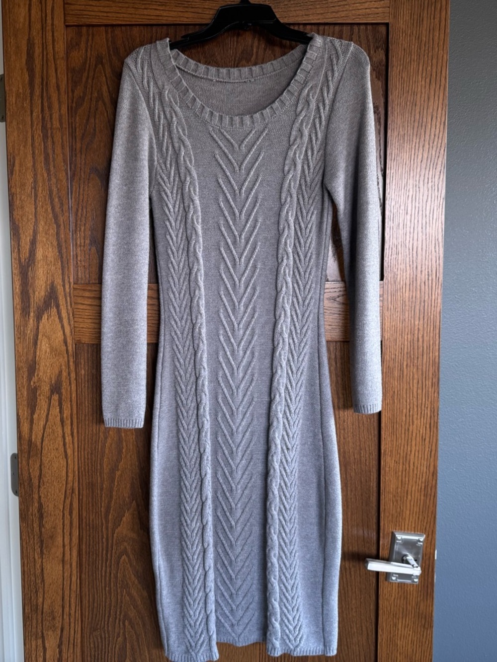 Grey Cable Knit Long Sleeve Sweater Dress - Women